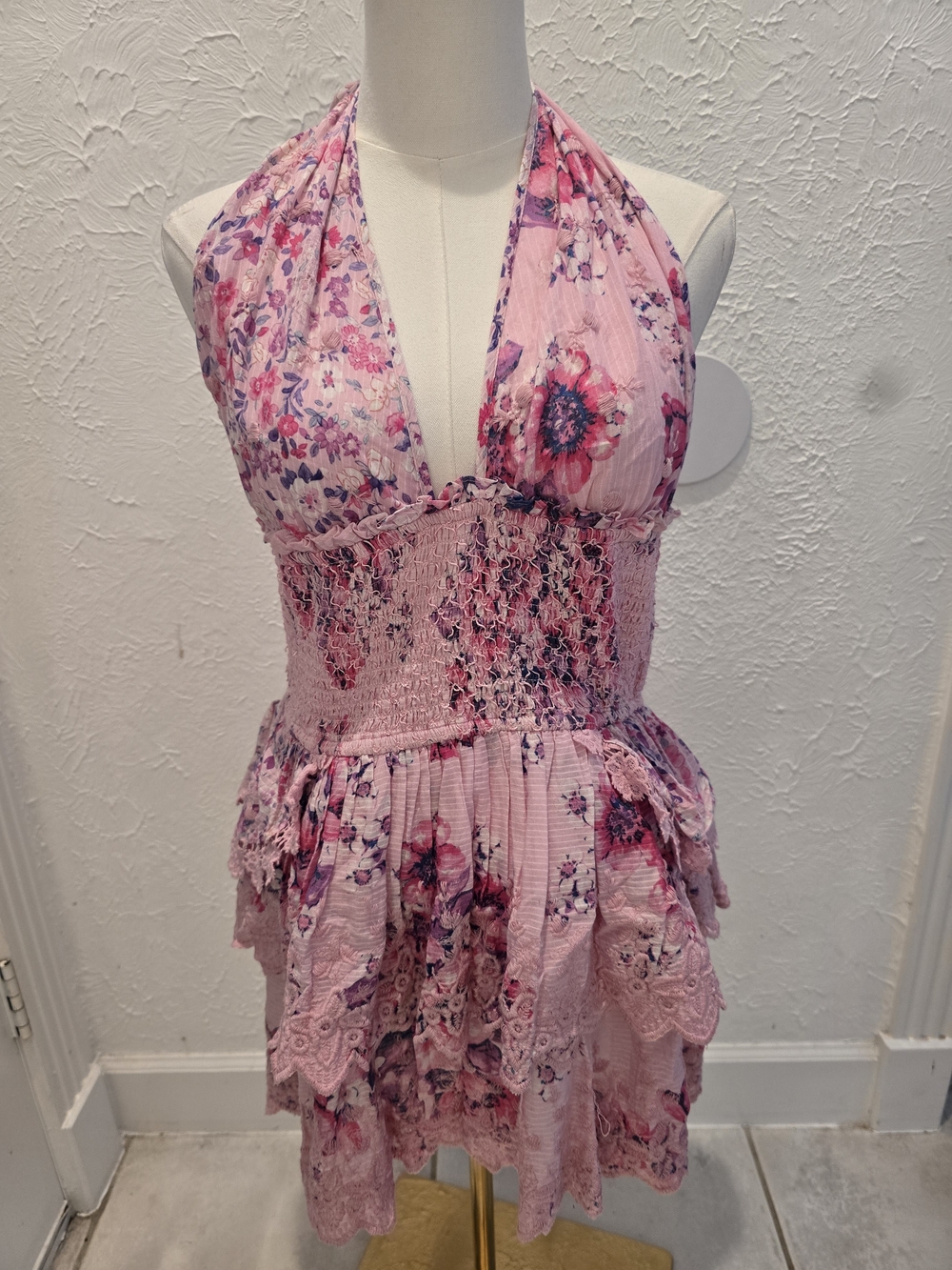 Pink Floral Halter Smocked Mini Dress
